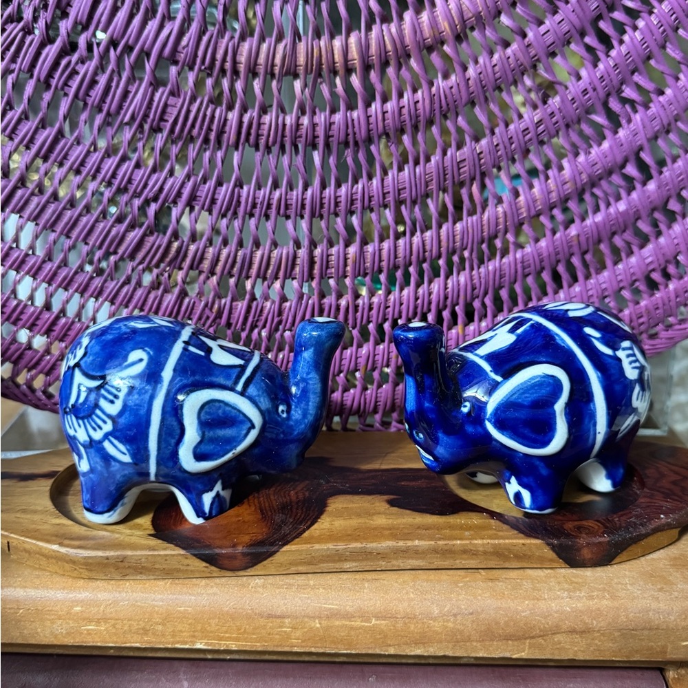 Handpainted Ceramic Salt Pepper Set Blue White Elephants